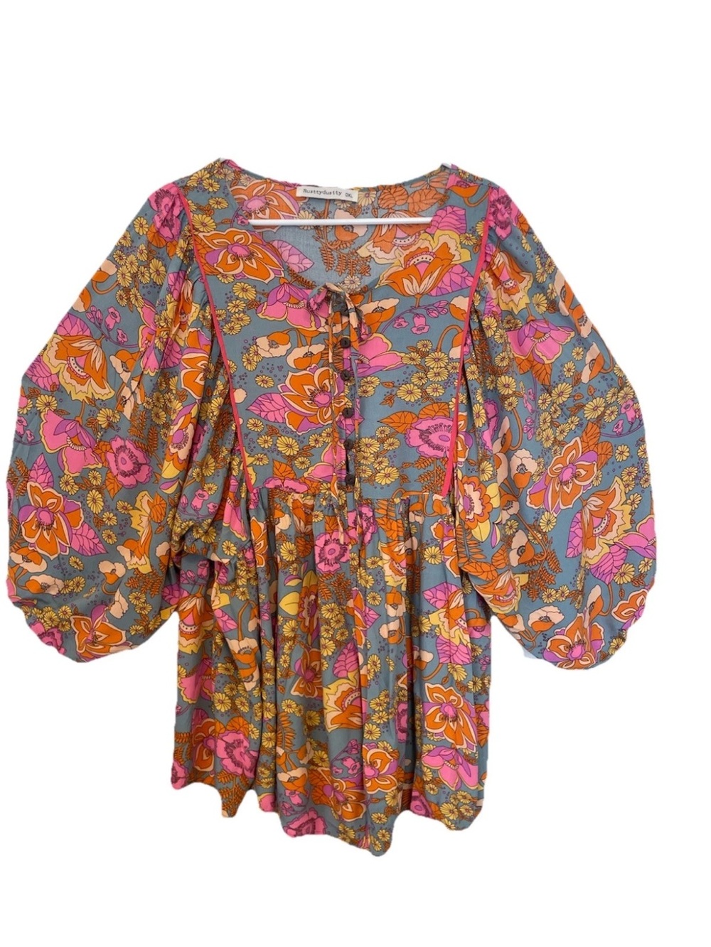 Boho Floral Puff-Sleeve Women’s Dress - Pink & Orange Viscose Rusttydustty